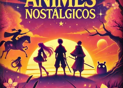 DALL·E 2024-11-15 20.53.00 - A vibrant anime-themed cover with the text 'Animes Nostálgicos' in bold, stylish font at the center. The design includes glowing cherry blossoms, a se